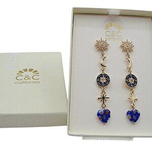 NIB C&C California Blue Gold Moon Stars Glass Beaded Heart Dangle Earrings
